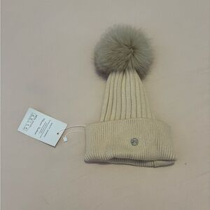Beige Knit Beanie with Pom Pom
